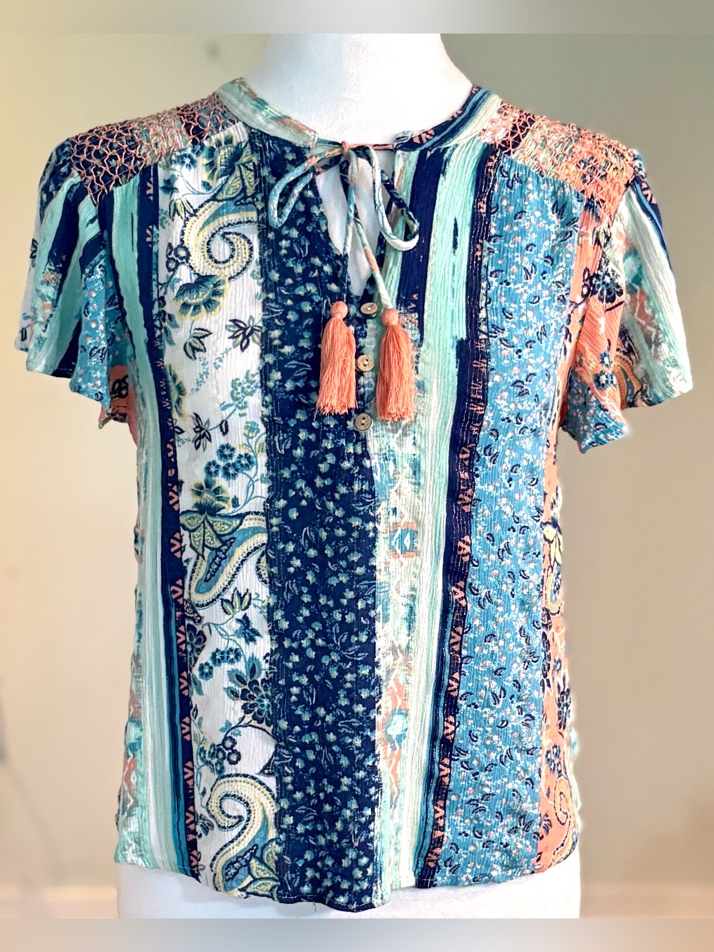 Farmers Market Boho Patchwork Flutter Sleeve Tassel Tie Petite Top, Peach & Blue